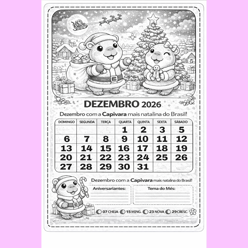 CALENDARIO DA CAPIVARA PRETO E BRANCO 2026