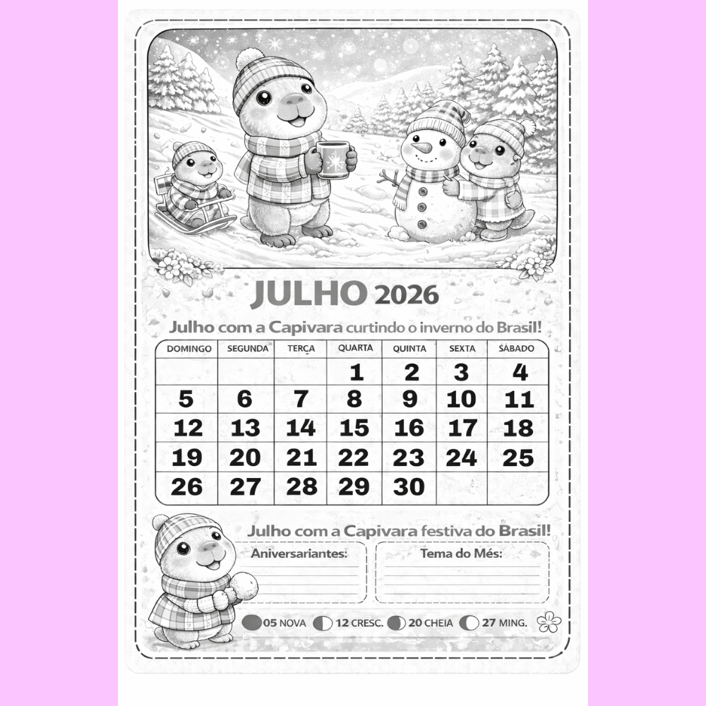 CALENDARIO DA CAPIVARA PRETO E BRANCO 2026