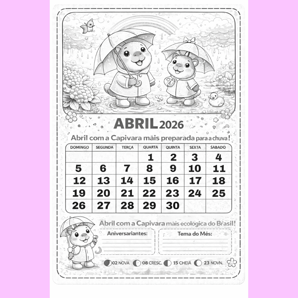 CALENDARIO DA CAPIVARA PRETO E BRANCO 2026