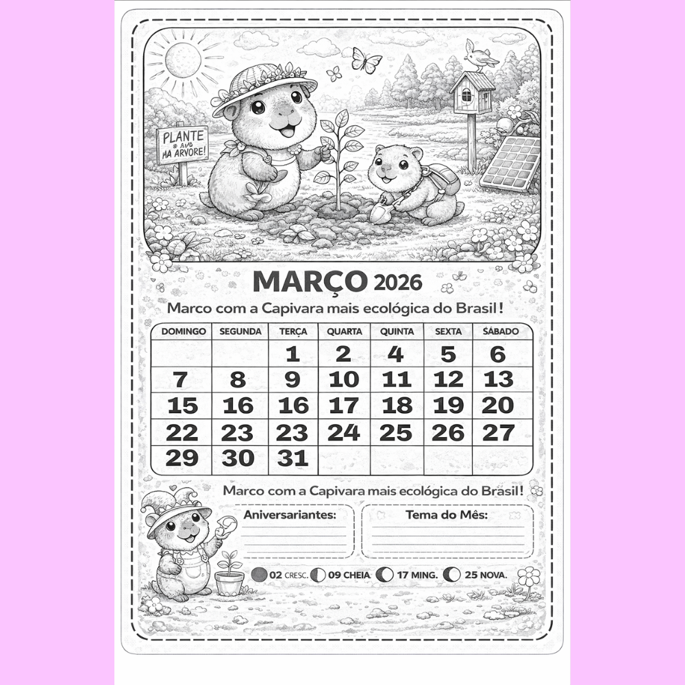 CALENDARIO DA CAPIVARA PRETO E BRANCO 2026