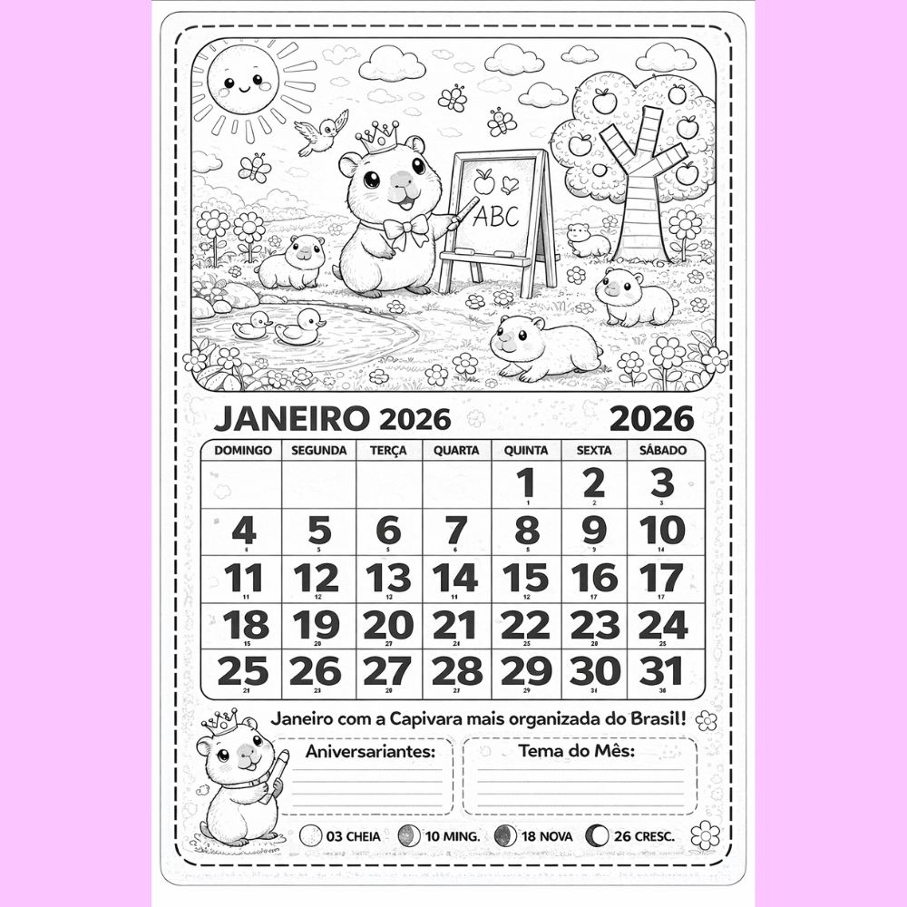 CALENDARIO DA CAPIVARA PRETO E BRANCO 2026