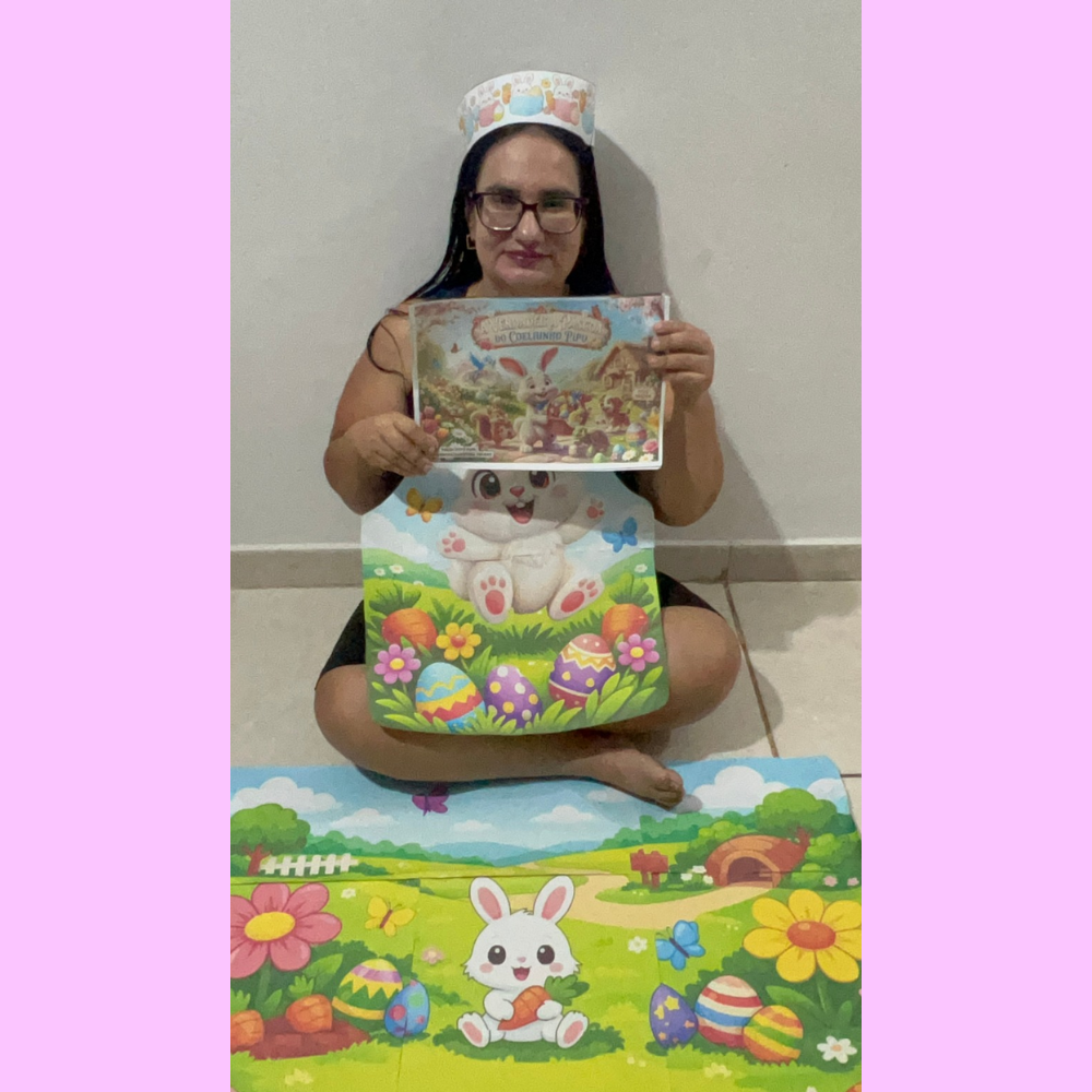 AVENTAL + HISTÓRIA EM CARTAZ PARA A HISTÓRIA A VERDADEIRA PÁSCOA DO COELHO PIPO