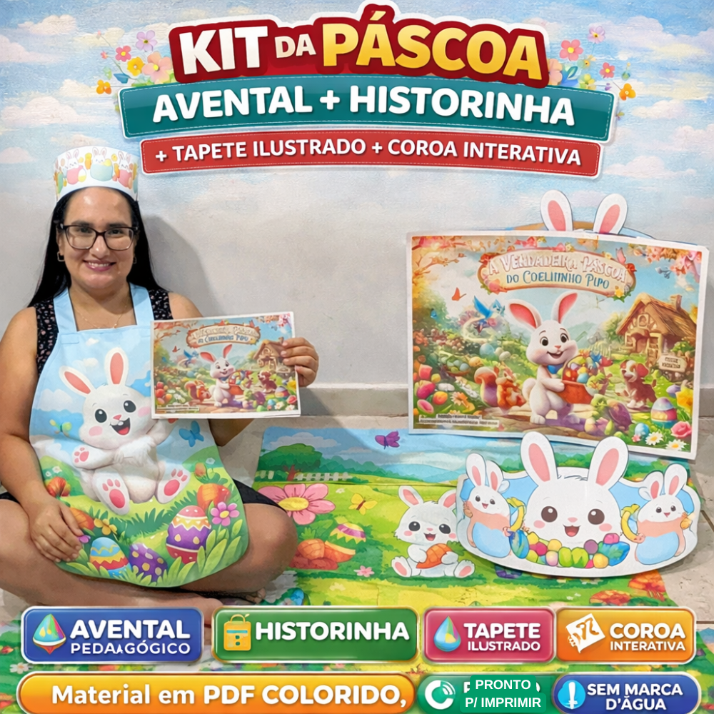 AVENTAL + HISTÓRIA EM CARTAZ PARA A HISTÓRIA A VERDADEIRA PÁSCOA DO COELHO PIPO