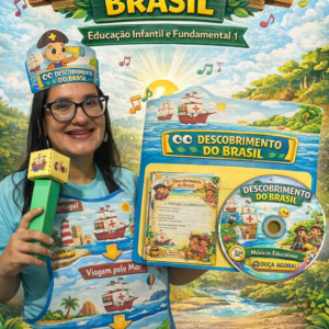 KIT COM CD PEDAGÓGICO, AVENTAL, MICROFONE E COROA DO DIA DO DESCOBRIMENTO DO BRASIL